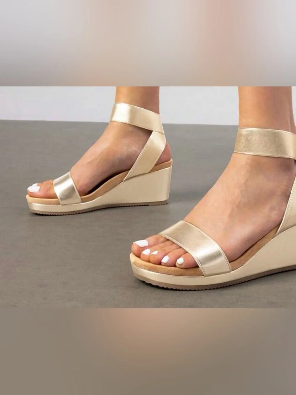 SHEIN Metallic Champagne Ankle-Strap Wedge Sandals